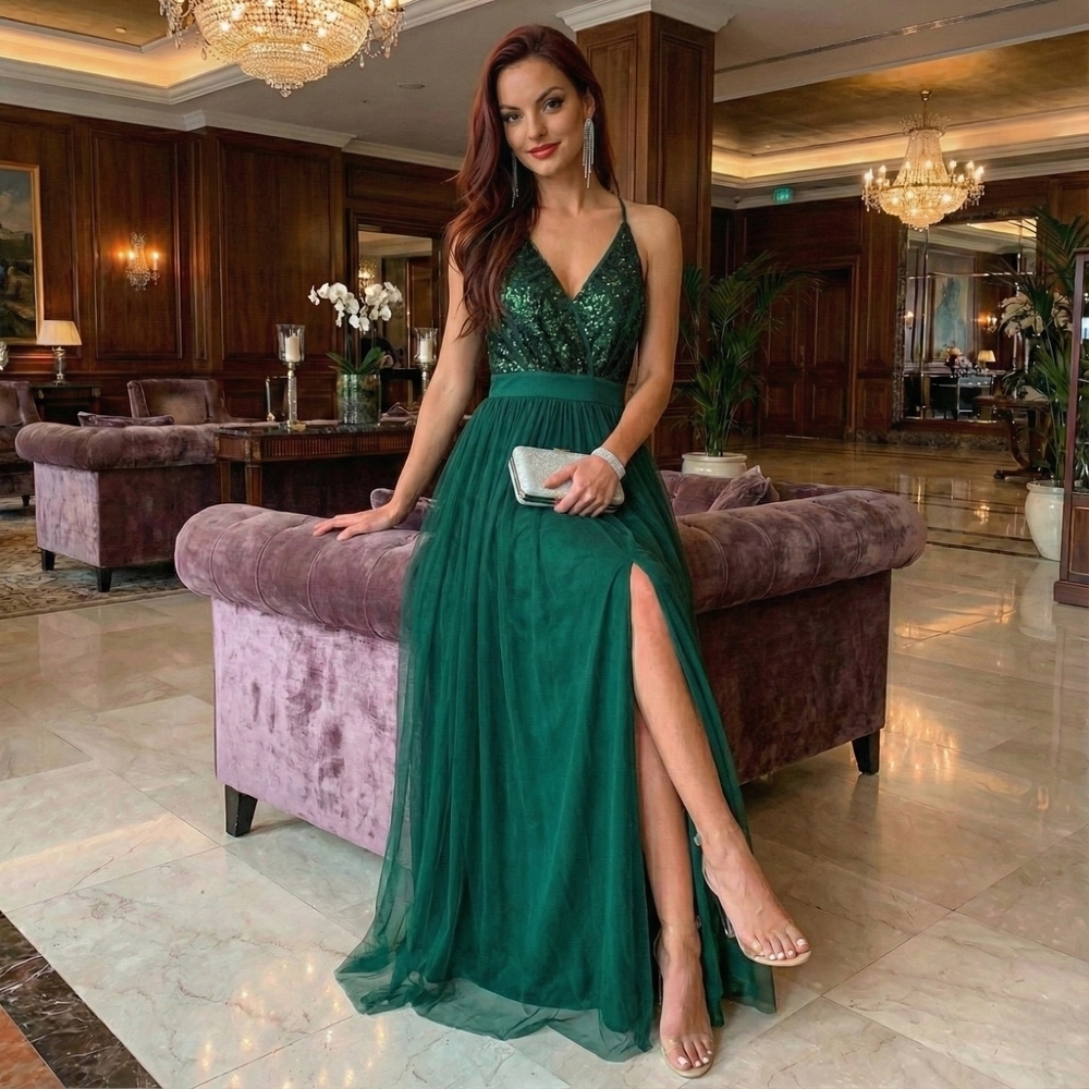 Emerald Green Sequin Maxi Dress S Open Back Split Prom Gown Formal Holiday Glam